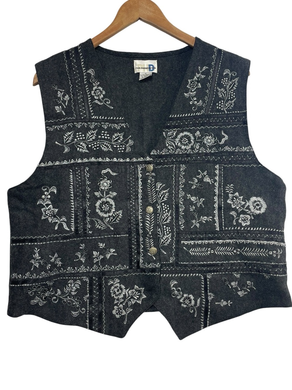 Paul Harris Design Gray Embroidered Wool Blend Vest Size XL Granny Vintage